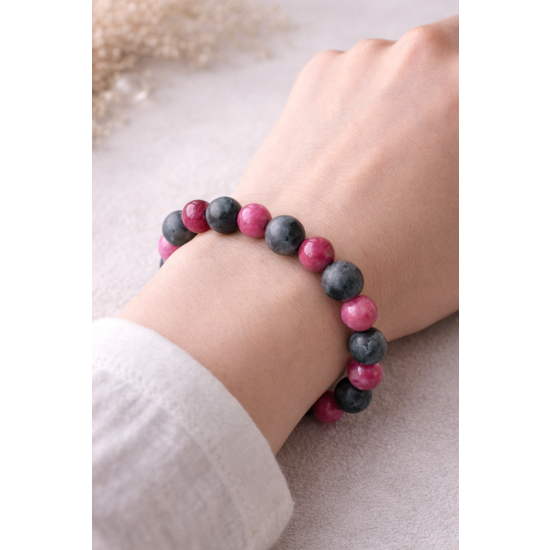 Bransoletka z kamieni naturalnych – różowo-grafitowa | na gumce jubilerskiej | handmade